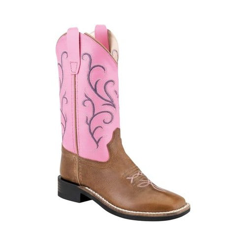 Old West Childrens Girl Western Cowboy Boots Embroidery Broad Square Toe Pink